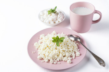 Cottage cheese in a pink plate, marshmallows and milk isolated on a white background