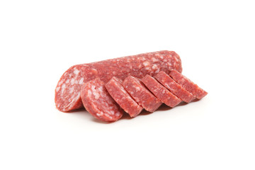 smoked salami sausage on a white background
