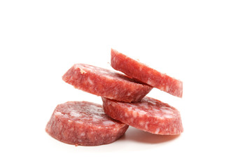 salami slices isolated on white background