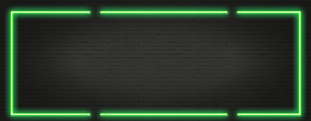 Beautifully arranged black brick wall background, Green neon light