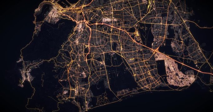 Aerial night view of city of Cape Town South Africa. Traffic and street light glowing. Camera flying high above, moving slowly forward from space filming cinematic straight down 3d animation rendering