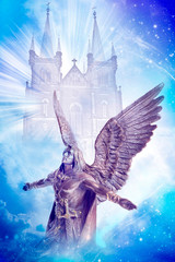 angel archangel Michael with divine gate over angelic background 