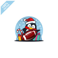 Football rugby ball santa hat with cartoon christmas penguin logo vector	