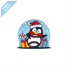 Baseball ball santa hat with cartoon christmas penguin logo vector