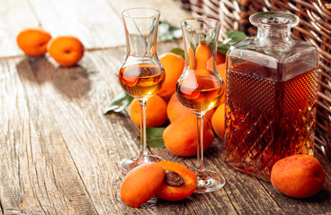 Apricot liquor and fresh apricots on a old wooden table.