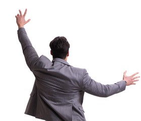 Businessman climbing virtual obstacle isolated on white