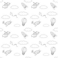 Seamless pattern with  cloud, airplane, aircraft, airbus, rocket, helicopter. Boy print for wallpaper, textile, wrapping paper. Vector version 