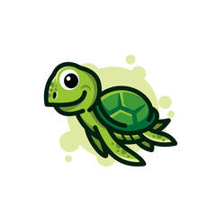 cute green Sea turtle cartoon character logo design illustration. Sea turtle mascot icon