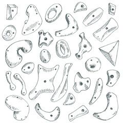 Hand drawn climbing grips. Grips of climbing and bouldering wall. Climing holds. Sketch.