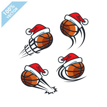 Basketball ball with santa hat christmas theme set of 4 logo vector	