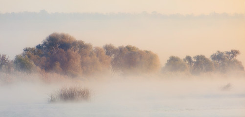 Misty autumn landscape. Plain quiet river and trees on the shore.