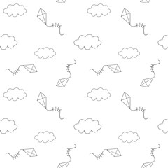 Seamless pattern  kite and cloud. Black and white. Outline, vector 
