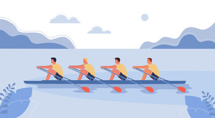 Four athletes swim on a boat. The concept of rowing competitions. Vector illustration, cartoon style. - obrazy, fototapety, plakaty