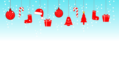 Merry Christmas balls set on transparent background. Bright red hanging xmas balls with Santa hat,Christmas tree, sock, gift box, bell,  New year holiday card. Vector illustration