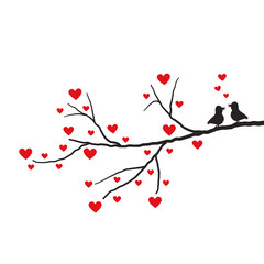 Hearts tree. Valentine's day branch with red hearts and a cute pair of birds. Valentine's day concept. Vector illustration on a white background