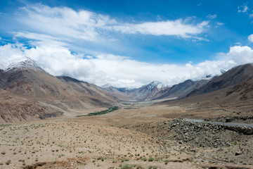 Ladakh, India - Jul 15 2019 - Beautiful scenic view from Between Pangong Tso and Chang La Pass in Ladakh, Jammu and Kashmir, India.