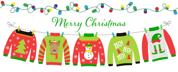 Ugly sweater party invitation with hanging funny jumpers and pullovers. Christmas holiday decoration. Layout template