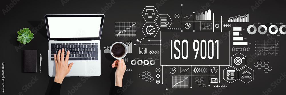 Poster iso 9001 concept with person using a laptop computer