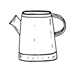 Hand drawn illustration. Kitchen kettle, black lines on white background, sketch, cute.