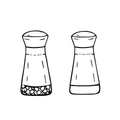 Hand drawn illustration. Kitchen utensils, accessories, salt and pepper shaker, black lines on white background, cute.
