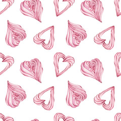 Heart-shaped pink meringue background. Watercolor romantic pattern for lovers. Hand-drawn pattern. Seamless pattern for fabric, paper and other printing and web projects.