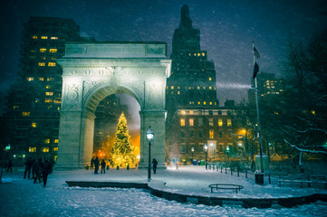 arch, architecture, blizzard, christmas, christmas eve, christmas tree, city, cold weather, copy space, dark, downtown, empty, evening, greenwich village, holiday, holidays, horizontal, illuminated, l