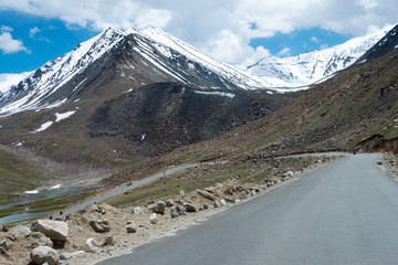 Ladakh, India - Jul 20 2019 - Beautiful scenic view from Between Diskit and Khardung La Pass (5359m) in Nubra Valley, Ladakh, Jammu and Kashmir, India.