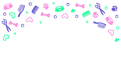 Vector  tamplate with grooming dogs of different breeds, tools and supplies. Colorful background for grooming salon and pet shop. EPS 10