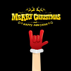 vector cartoon Santa Claus rock n roll style with golden greeting text on black background with christmas star lights. Merry Christmas Rock n roll party poster design or greeting card.