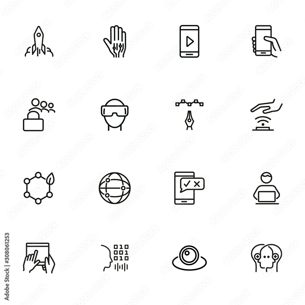 Poster it startup line icon set. programmer, scanning, robotic hand, goggles. business concept. can be used