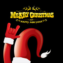 vector cartoon Santa Claus rock n roll style with golden greeting text on black background with christmas star lights. Merry Christmas Rock n roll party poster design or greeting card.