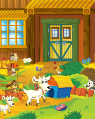 Cartoon farm scene with animal goat having fun on the farm ranch - illustration for children