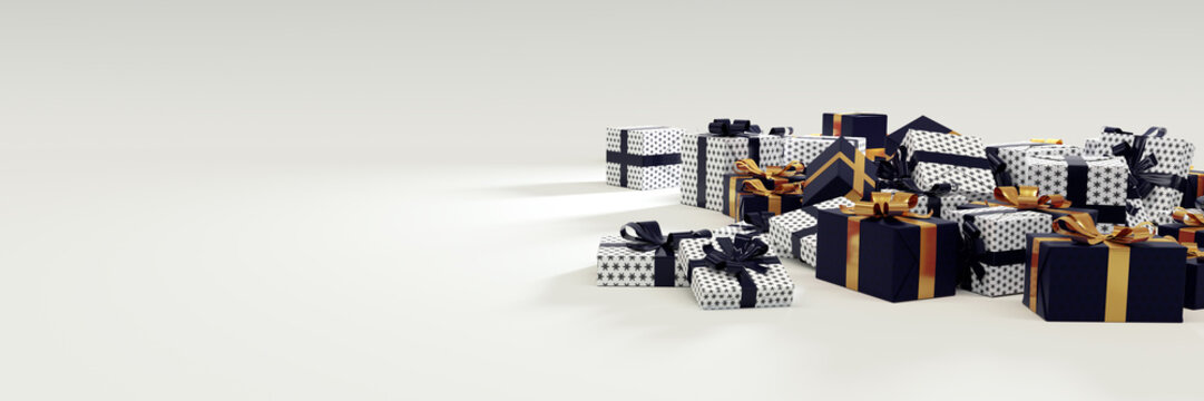Christmas Background with xmas presents, Dark Blue and White Gift boxes wrapped with gold and blue ribbons, panoramic large banner with copy space for text on white background.