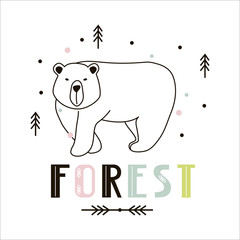Bear in the forest on a white background with decorative elements, Scandinavian style. Vector illustration for printing on fabric, postcard, dishes, packaging, clothing. Cute baby background.