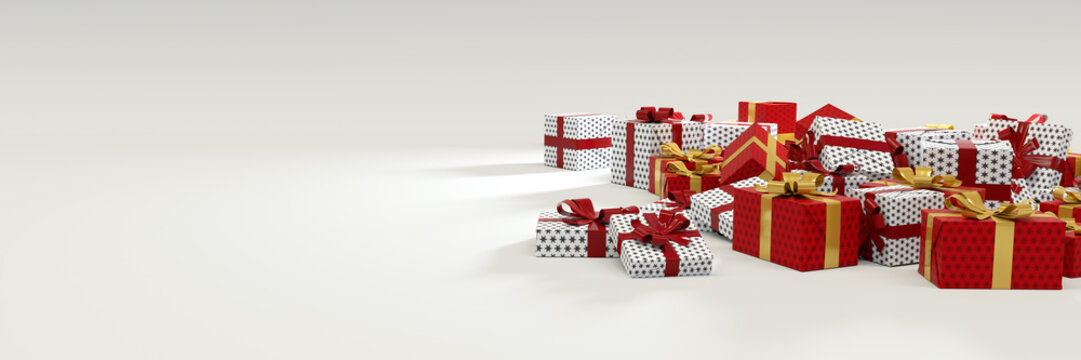 Christmas Background with xmas presents, Red and White Gift boxes wrapped with gold and red ribbons, panoramic large banner with copy space for text on white background.