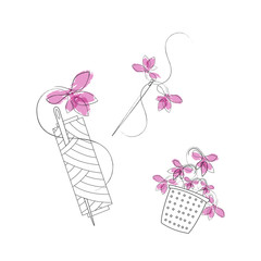 Set of three vector illustration with violets with needle, thimble and thread.
