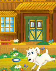 Cartoon farm scene with animal goat having fun on the farm ranch - illustration for children
