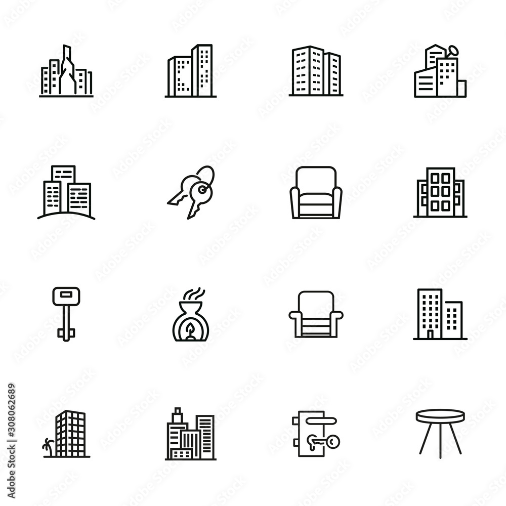 Wall mural Residential building icons. Set of line icons. Key, residential district, cityscape. Housing development. Vector illustration can be used for topics like mortgage, rent, construction