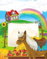 Cartoon farm scene with animal horse having fun on the farm ranch - illustration for children