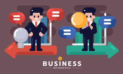 business idea concept. business man hand holding idea lamp with graph, good and bad case, infographic vector illustration