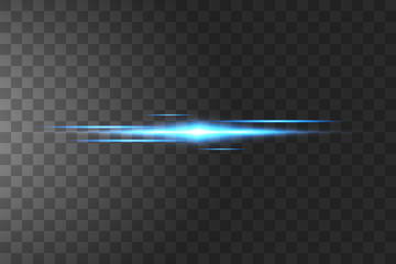 Blue horizontal lens flares pack. Laser beams, horizontal light rays.Beautiful light flares. Glowing streaks on dark background. Luminous abstract sparkling lined background