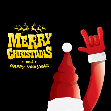 vector cartoon Santa Claus rock n roll style with golden greeting text on black background with christmas star lights. Merry Christmas Rock n roll party poster design or greeting card.
