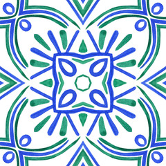 Antique portuguese tiles. Blue Azulejos ceramic. Spanish pottery..Sicily italian majolica. Vintage ethnic background . Mediterranean watercolor seamless wallpaper. Moroccan ornaments in indigo color