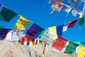 Ladakh, India - Jul 20 2019 - Tibetan, prayer flag at Turtuk Monastery (Turtuk Gompa) at Turtuk village in Ladakh, Jammu and Kashmir, India.
