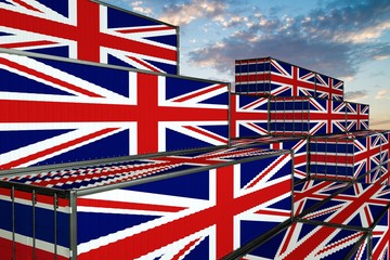 3D illustration Container terminal full of containers with flag of United Kingdom