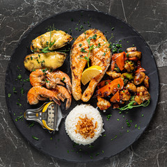 grilled salmon and prawn with vegetables