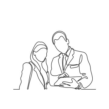 Continuous Line Drawing Of Business Man And Business Woman Discussion Vector Illustration