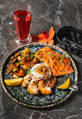 grilled fish and prawns with rice