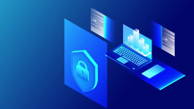 Isometric Virtual private network Concept, Web template, video animation on blue background.