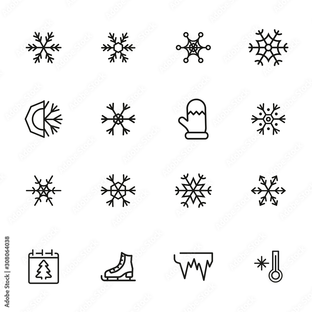 Fototapete snowflake line icon set. set of line icons on white background. snowflake, frosted pattern, mitten. 